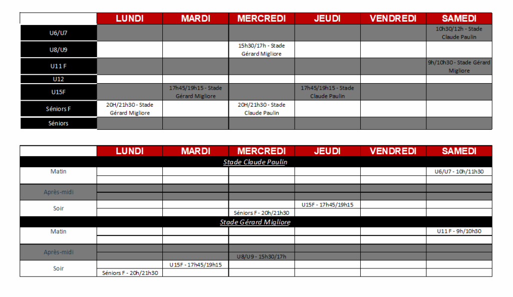 Planning des entrainements de foot.